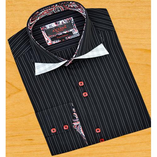 Axxess Black With White Dual Pinstripes And White / Black / Silver Grey Double Layered Spread Collar 100% Cotton Dress Shirt 02-185